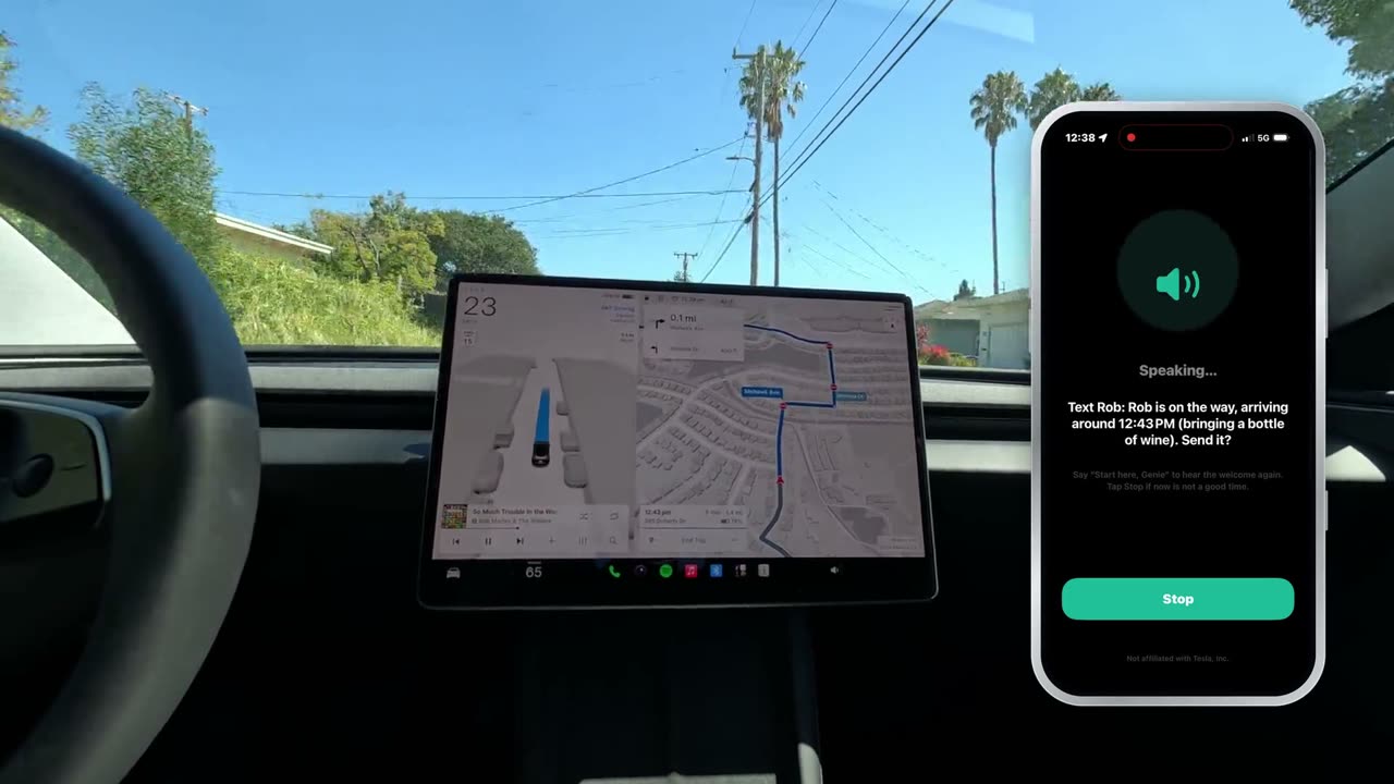 Tezlo on a real drive: the app confirming a text with the driver's arrival time, next to the car's screen